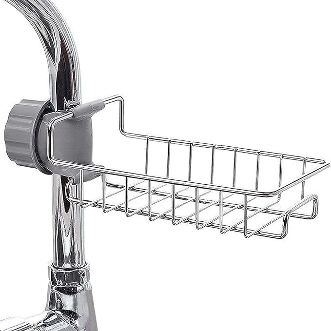 MK MART Stainless Steel Kitchen and Bathroom Faucet Soap Scrubber Sponge Holder Rack - Hanging Sink Organizer Stand with Towel Holder - Image 1