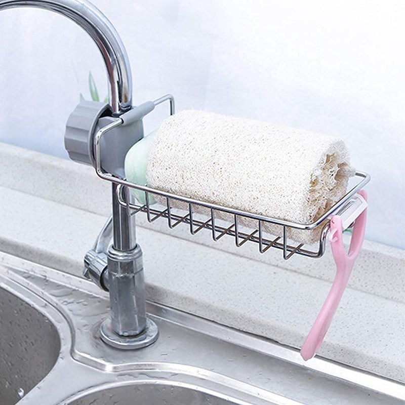 MK MART Stainless Steel Kitchen and Bathroom Faucet Soap Scrubber Sponge Holder Rack - Hanging Sink Organizer Stand with Towel Holder - Image 2
