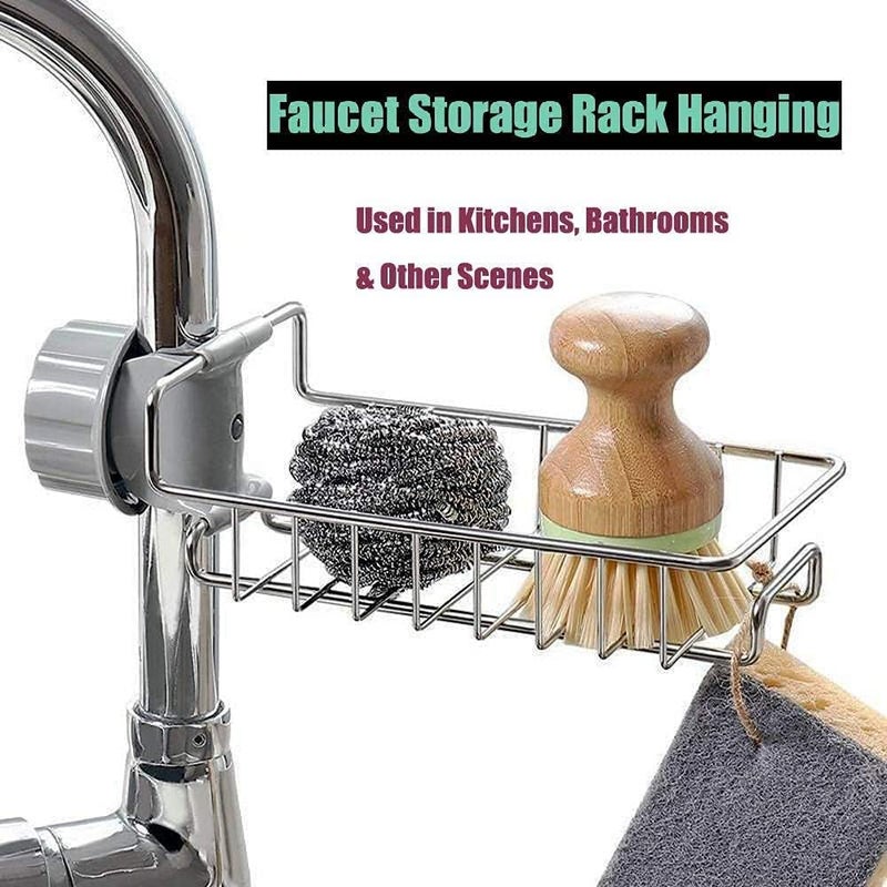 MK MART Stainless Steel Kitchen and Bathroom Faucet Soap Scrubber Sponge Holder Rack - Hanging Sink Organizer Stand with Towel Holder - Image 4