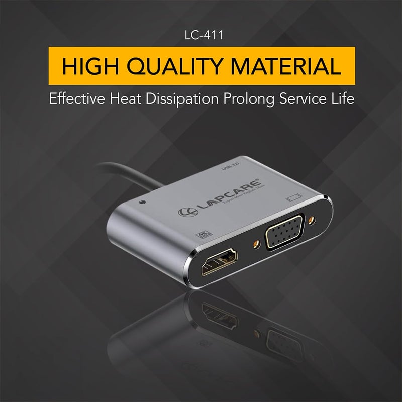 Lapcare LC411 USB-C USB Hub/Docking Station(4-in-1) with 4K 30Hz HDMI, USB 3.0, VGA, Type-C Data, PD Charging, Type-C Plug for Laptop, Mac,PC - Image 4