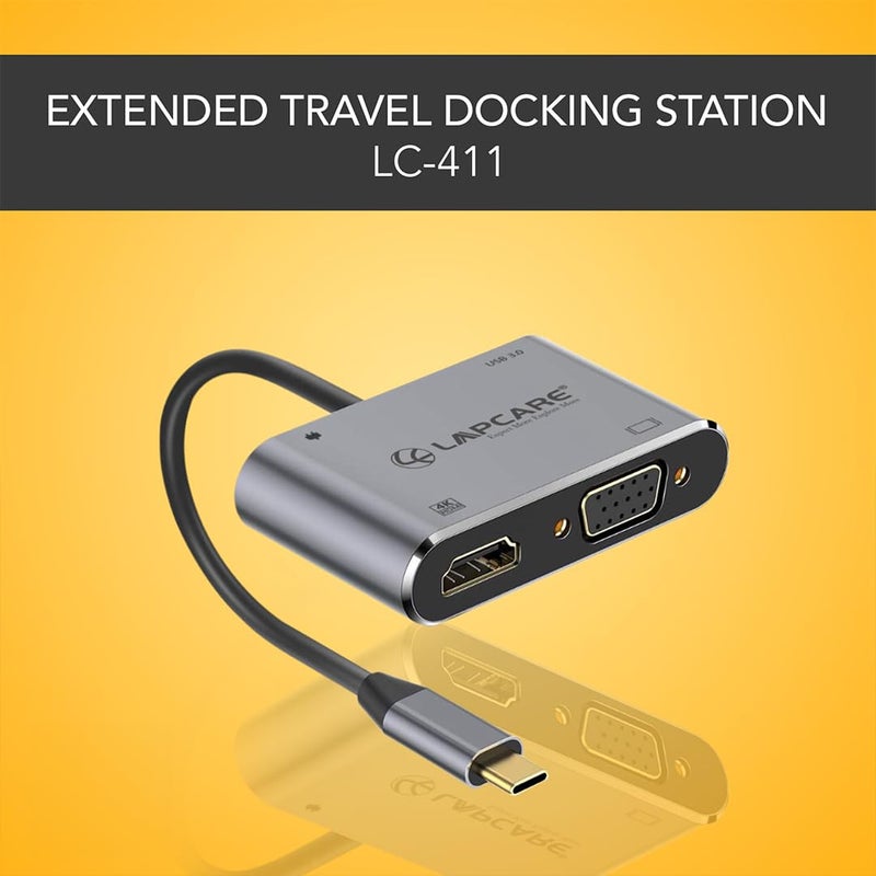 Lapcare LC411 USB-C USB Hub/Docking Station(4-in-1) with 4K 30Hz HDMI, USB 3.0, VGA, Type-C Data, PD Charging, Type-C Plug for Laptop, Mac,PC - Image 5