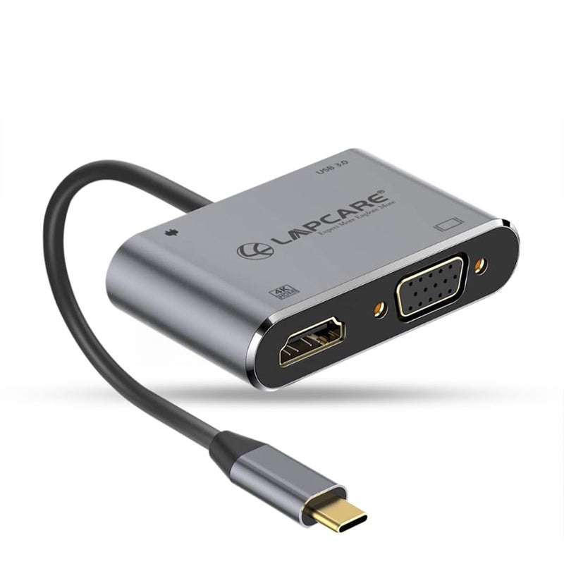 Lapcare LC411 USB-C USB Hub/Docking Station(4-in-1) with 4K 30Hz HDMI, USB 3.0, VGA, Type-C Data, PD Charging, Type-C Plug for Laptop, Mac,PC - Image 1