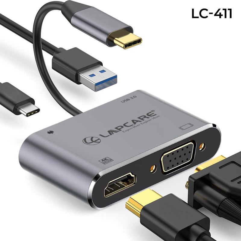 Lapcare LC411 USB-C USB Hub/Docking Station(4-in-1) with 4K 30Hz HDMI, USB 3.0, VGA, Type-C Data, PD Charging, Type-C Plug for Laptop, Mac,PC - Image 2