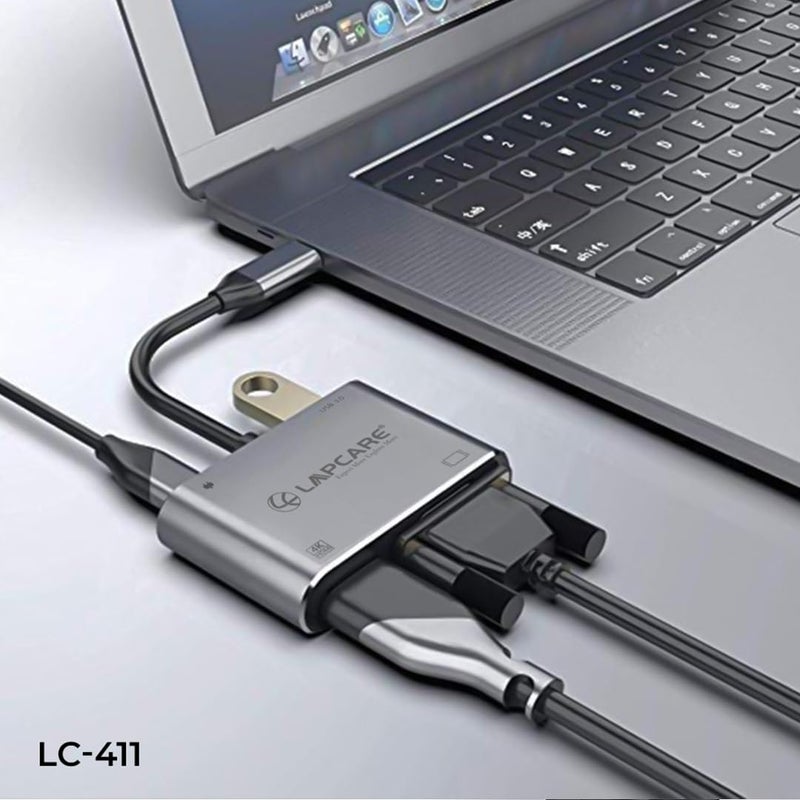 Lapcare LC411 USB-C USB Hub/Docking Station(4-in-1) with 4K 30Hz HDMI, USB 3.0, VGA, Type-C Data, PD Charging, Type-C Plug for Laptop, Mac,PC - Image 3