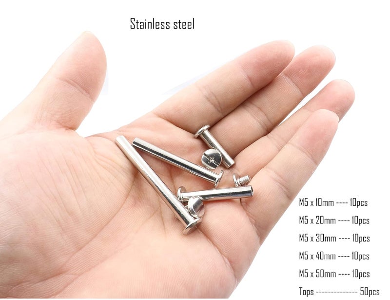 LBY 100pcs Phillips Chicago Screws, M5 x 10/20/30/40/50mm Binding Screw Posts, Book Screws, Binding Barrels and Screws Assortment Kit for Leather Saddles, Purses, Belt Repair, 304 Stainless Steel - Image 3