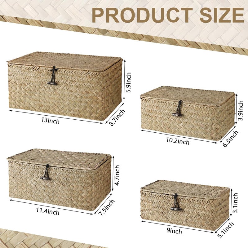 Woanger Set of 4 Seagrass Basket with Lids Rattan Wicker Storage Basket Handwoven Decorative Storage Boxes with Lids Multipurpose Woven Basket Bins for Shelf Closet (Natural Color) - Image 2