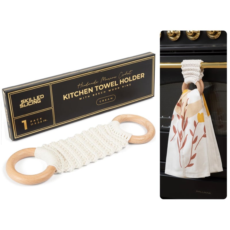 SKILLEDSLICING Hanging Kitchen Dish Towel Holder (Handmade Crochet), Decorative Boho Macrame Kitchen Towel Hanger Loop Ring Makes a Unique Gift for Birthday, Thanksgiving, 11 Inches (Cream) - Image 1