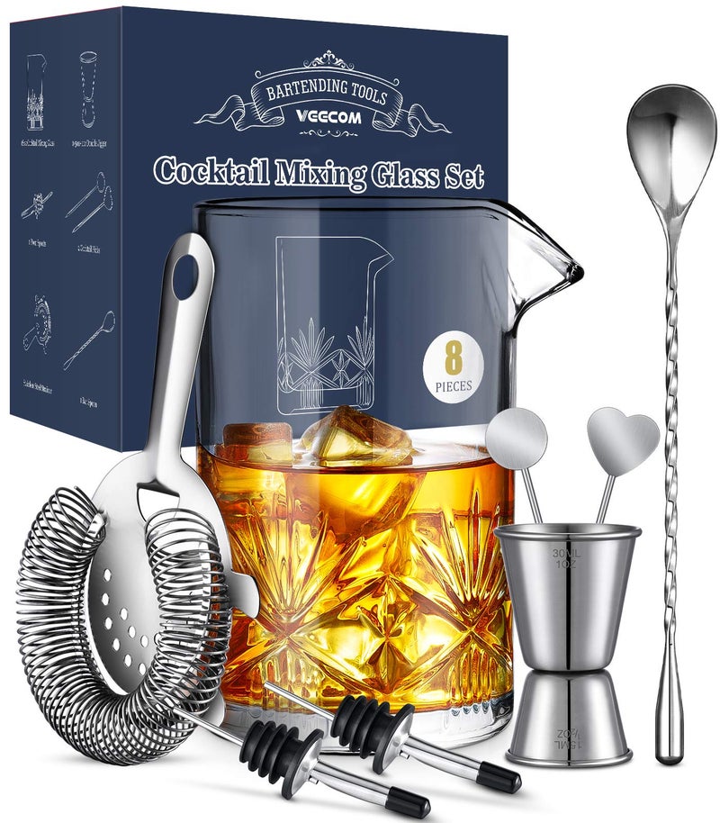 Cocktail Mixing Glass veecom 18oz Crystal Mixing Glass Bartender Kit 8 Piece Old Fashioned Cocktail Set with Strainer Spoon Jigger Picks Pourers Bar Tools Cocktail Shaker Set 8 Pieces
