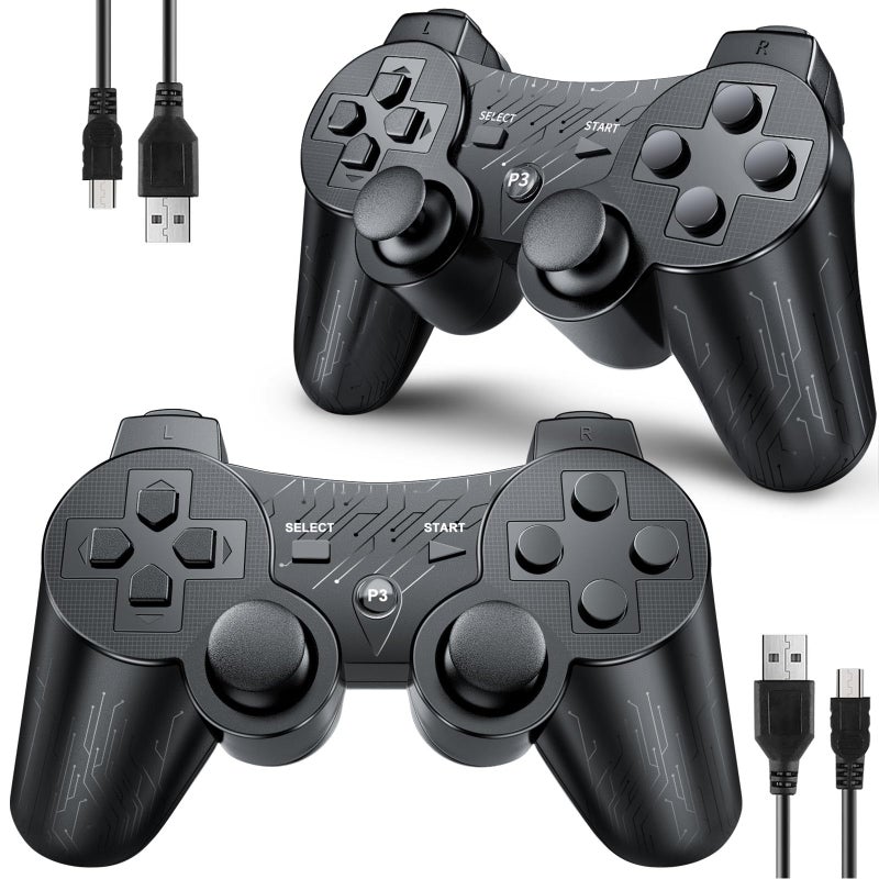 OKHAHA Controller 2 Pack for PS3 Wireless Controller for Sony Playstation 3 Double Shock 3 Bluetooth Rechargeable Motion Sensor Remote for PS3 With StripesBlack Black - Image 2