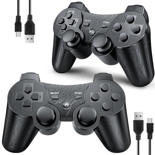 OKHAHA Controller 2 Pack for PS3 Wireless Controller for Sony Playstation 3 Double Shock 3 Bluetooth Rechargeable Motion Sensor Remote for PS3 With StripesBlack Black - Image 1