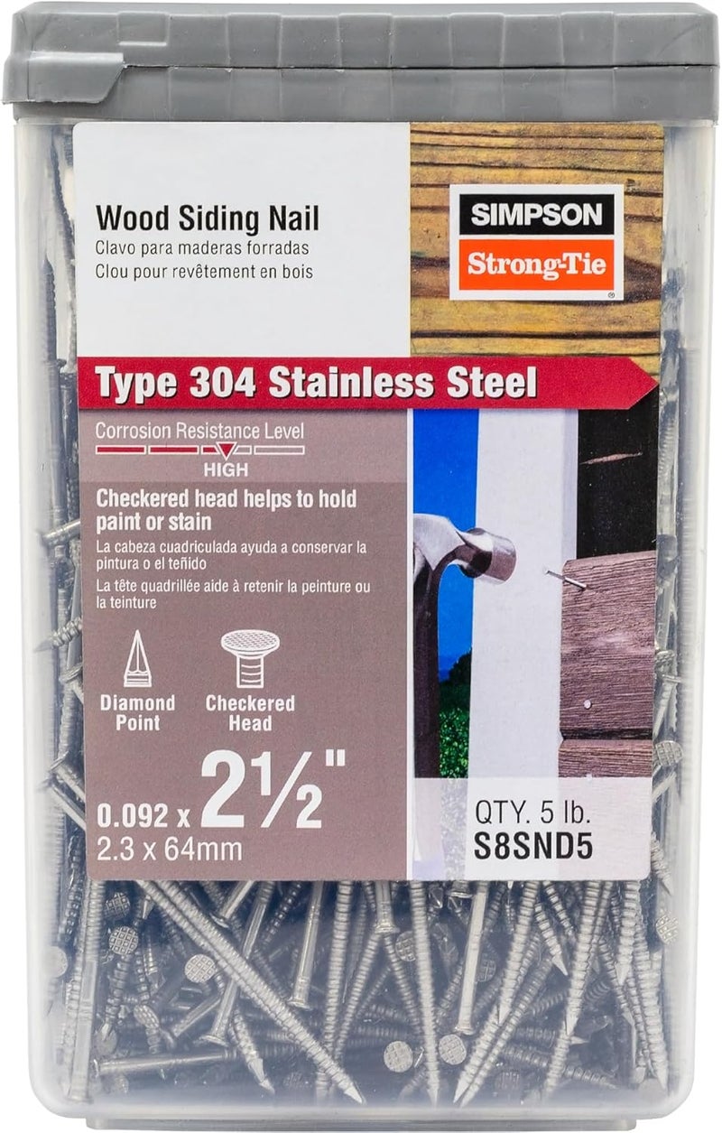 Simpson StrongTie S8SND5-8d Ring-Shank Wood Siding Nail, 2-1/2 Inch x 0.156 Inch, 13 Gauge, Full Round Head, Diamond Point, Type 304 Stainless Steel (Pack of 980) - Image 1