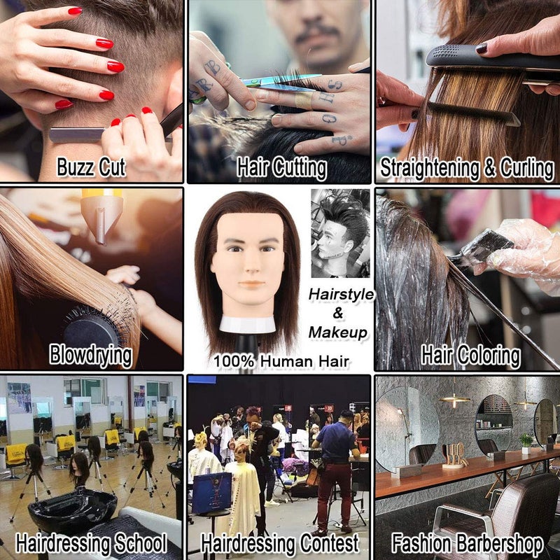 Newshair Male Mannequin Head with 100% Human Hair Haircut Training Head with Thick Hair Hairdresser Manikin Head Doll Head for Hair Styling and Practice Handsome Face Adult Head Size (8-10Inch 3B#) - Image 2