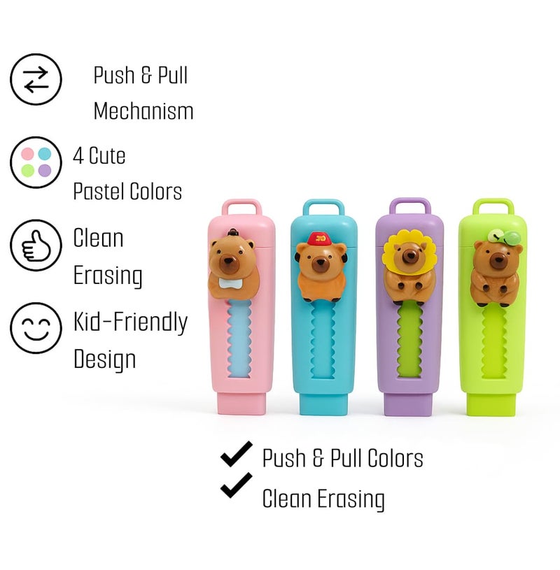 Tresneria Cute Cartoon Animal Eraser Case – Kids Stationery Set with Fun Designs (Pack of 4) (3D Animal Figures, 9x2.5) - Image 3