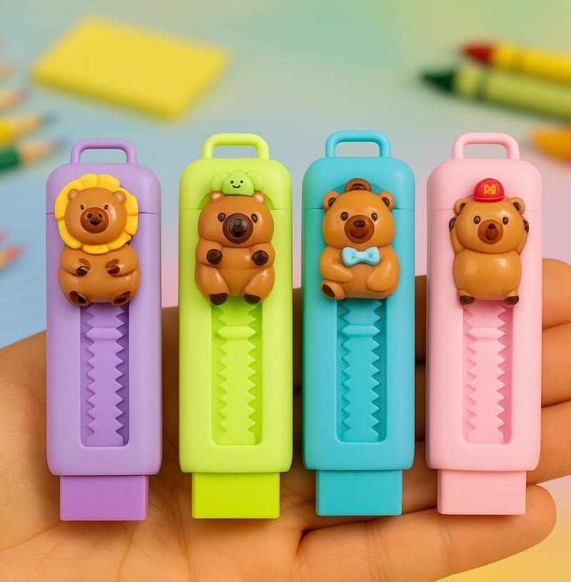 Tresneria Cute Cartoon Animal Eraser Case – Kids Stationery Set with Fun Designs (Pack of 4) (3D Animal Figures, 9x2.5) - Image 1