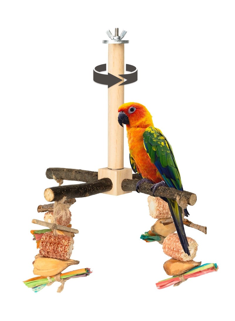 XICEN Rotating Parrot Perch Toy with Chew Toy, Natural Wooden Perch Stand for Small & Medium Birds, Bird Cage Accessory with Exercise Wheel for Parakeets Cockatiels Lovebirds Conures Finches Budgies - Image 1