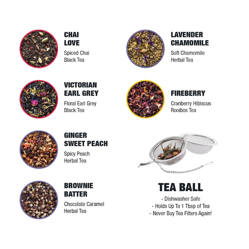 Tiesta Tea مجموعة هدايا شاي الأوراق السائبة الحب والدفء، 6 نكهات متنوعة فاخرة مع مصفاة كروية للتخمير، مجموعة عيد الحب لتحضير الشاي الساخن أو المثلج - Image 3