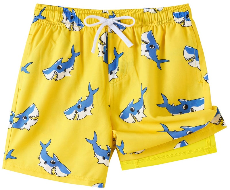 UMELOK Boys Swim Trunks Swimsuit Compression Liner Stretch Swim Shorts Boxer Brief 2 in 1 Quick Dry Swimming Trunks Beach Shorts Yellow Shark 8 - Image 1
