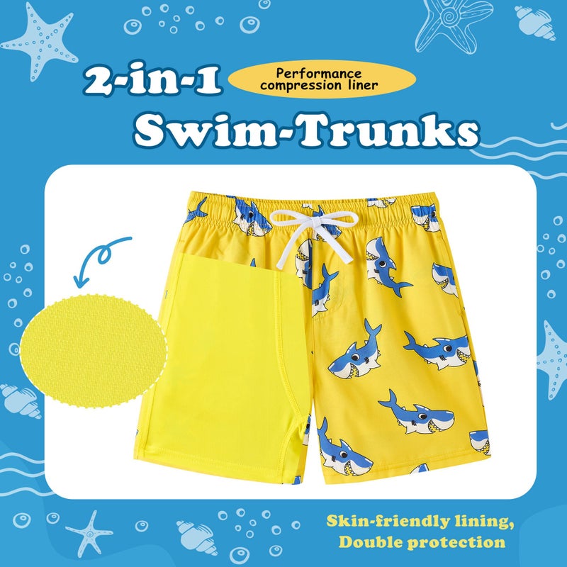 UMELOK Boys Swim Trunks Swimsuit Compression Liner Stretch Swim Shorts Boxer Brief 2 in 1 Quick Dry Swimming Trunks Beach Shorts Yellow Shark 8 - Image 2