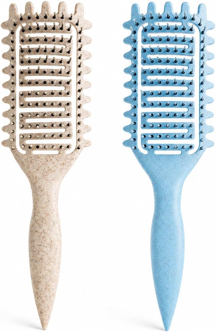 Curl Defining Brush for Curly Hair, Vented Detangling Hair Brush for Wet and Dry Styling, Curved Brush for Shaping and Smoothing Curl Clumps, Lightweight Hair Brush (Blue Beige)