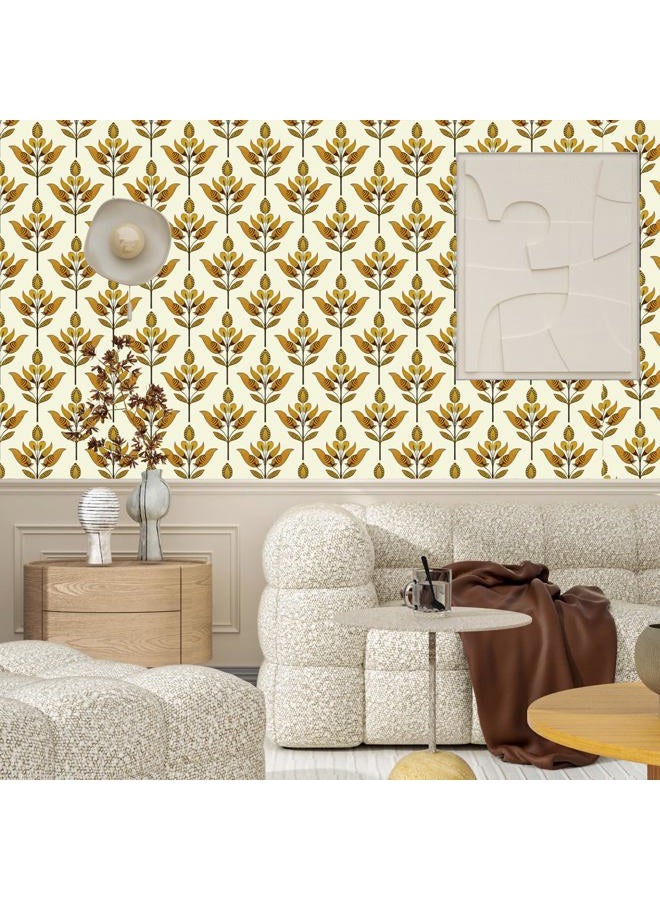 BOKEBEVE Symmetry Floral Wallpaepr Peel and Stick Leavf Wall Paper Boho Contact Paper for Bedroom Bathroom Drawer Modern Removable Beige Gold Yellow 17.5 x 118In - Image 3
