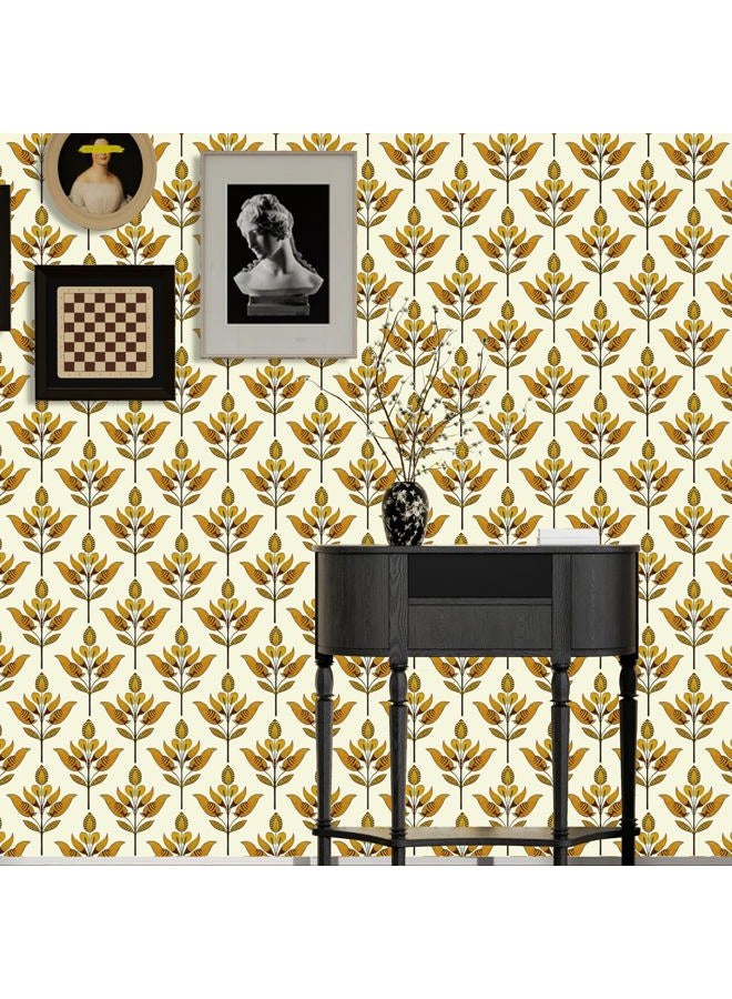 BOKEBEVE Symmetry Floral Wallpaepr Peel and Stick Leavf Wall Paper Boho Contact Paper for Bedroom Bathroom Drawer Modern Removable Beige Gold Yellow 17.5 x 118In - Image 4