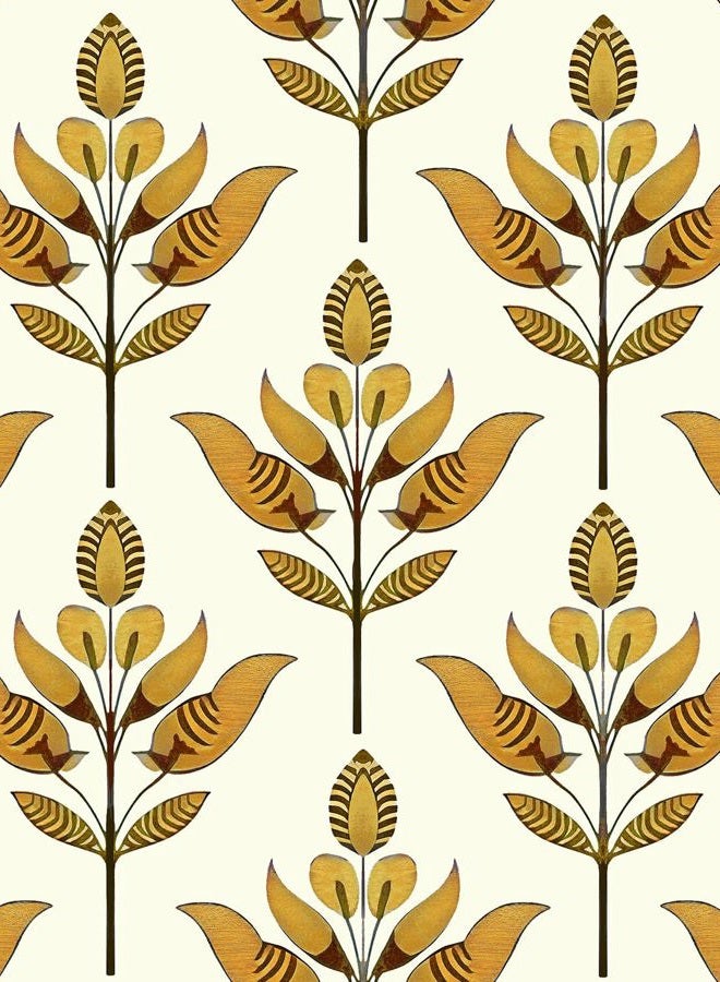 BOKEBEVE Symmetry Floral Wallpaepr Peel and Stick Leavf Wall Paper Boho Contact Paper for Bedroom Bathroom Drawer Modern Removable Beige Gold Yellow 17.5 x 118In - Image 1