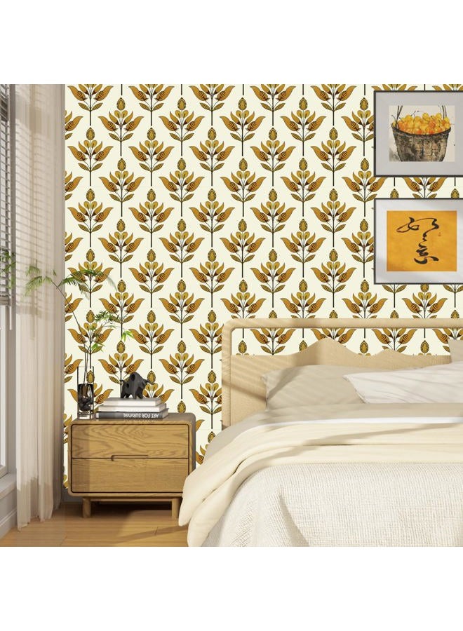 BOKEBEVE Symmetry Floral Wallpaepr Peel and Stick Leavf Wall Paper Boho Contact Paper for Bedroom Bathroom Drawer Modern Removable Beige Gold Yellow 17.5 x 118In - Image 2