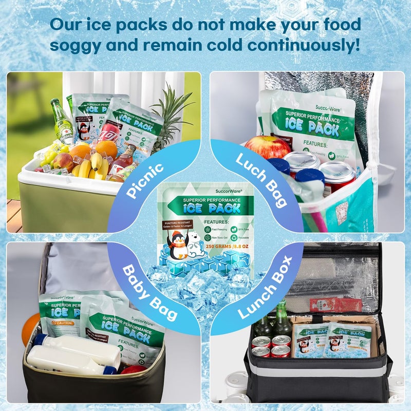 SuccorWare 5 Packs Reusable Ice Packs for Lunch Boxes - 12+ Hour Cooling Ice Gel Pack for Camping, Beach, Office - Ice Packs for Cooler Bag, Cooler Backpacks (250 Grams) - Image 3