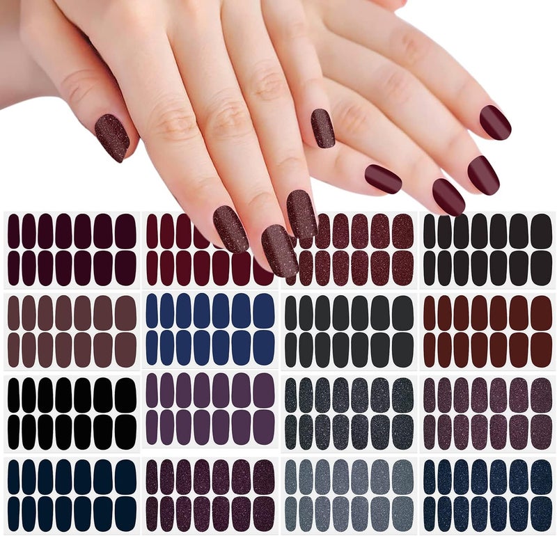 SILPECWEE 16 Sheets Dark Nail Wraps Solid Color Nail Polish Stickers for Women Self Adhesive Nail Polish Strips Gel Nail Strips Fingernail Sticker Nails for Women with 1pc Nail File