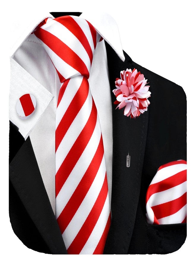 GUSLESON Red and White Striped Ties for Wedding Silk Necktie Pocket Square Cufflinks and Lapel Pin Brooch Set (6108-01) - Image 1