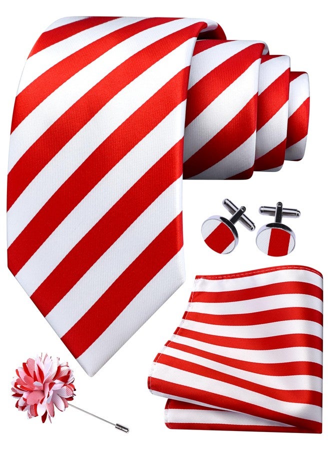 GUSLESON Red and White Striped Ties for Wedding Silk Necktie Pocket Square Cufflinks and Lapel Pin Brooch Set (6108-01) - Image 2