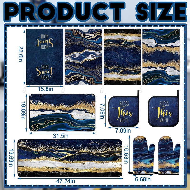 Fourluoo 10 Pcs Christmas Marble Farmhouse Kitchen Decor Accessories Set Marble Kitchen Dish Towels Rugs Oven Mitts and Pot Holders Sets for Cooking Baking Daughter Mom Gift(Blue) - Image 3