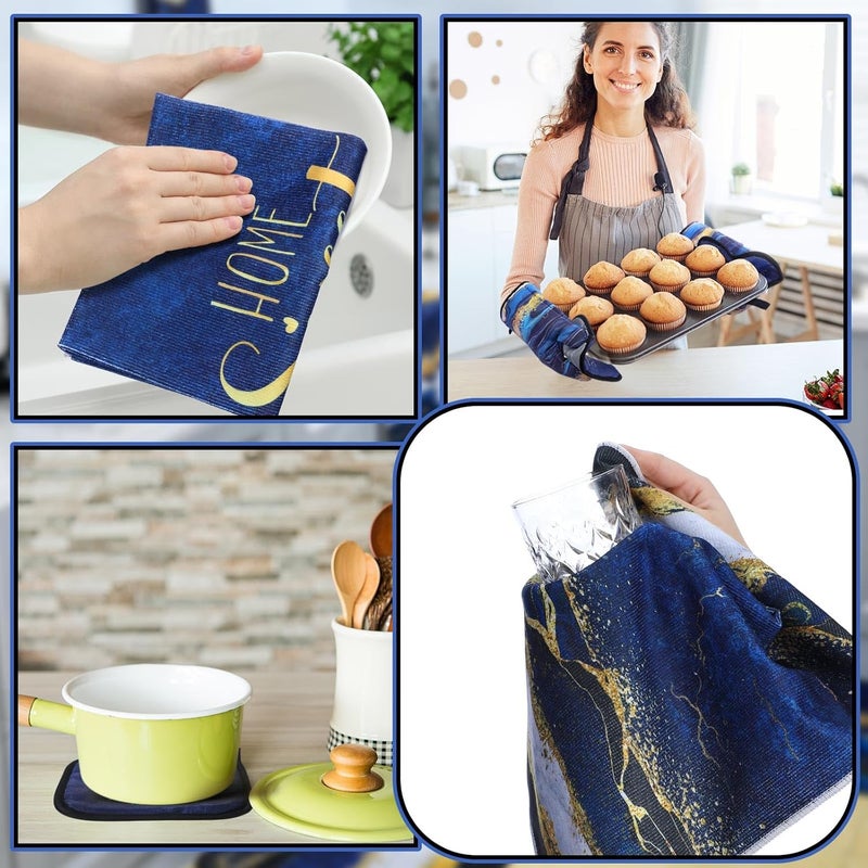 Fourluoo 10 Pcs Christmas Marble Farmhouse Kitchen Decor Accessories Set Marble Kitchen Dish Towels Rugs Oven Mitts and Pot Holders Sets for Cooking Baking Daughter Mom Gift(Blue) - Image 4