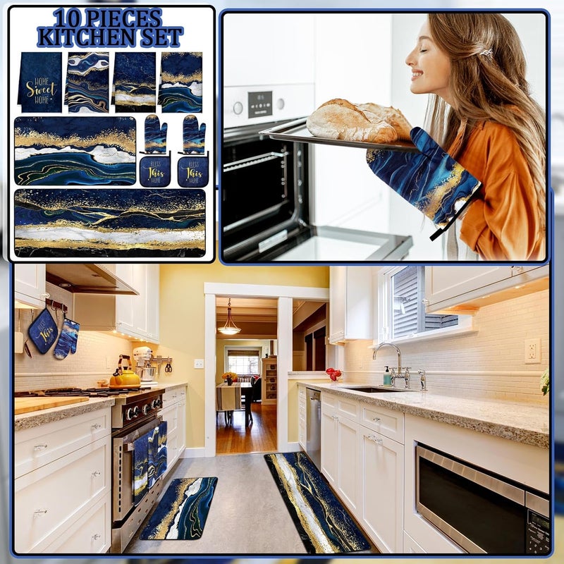 Fourluoo 10 Pcs Christmas Marble Farmhouse Kitchen Decor Accessories Set Marble Kitchen Dish Towels Rugs Oven Mitts and Pot Holders Sets for Cooking Baking Daughter Mom Gift(Blue) - Image 2
