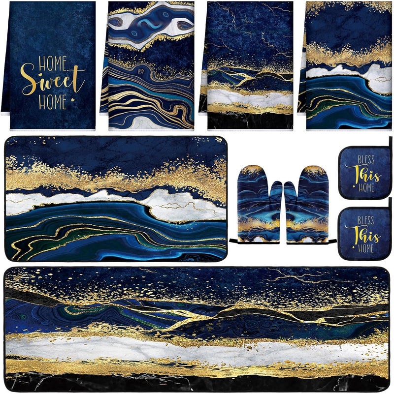 Fourluoo 10 Pcs Christmas Marble Farmhouse Kitchen Decor Accessories Set Marble Kitchen Dish Towels Rugs Oven Mitts and Pot Holders Sets for Cooking Baking Daughter Mom Gift(Blue) - Image 1