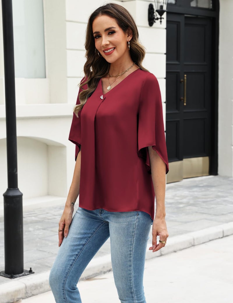 CiCiBird Women's V Neck Silk Blouse 3/4 Bell Satin Sleeve Shirts Business Work Pleated Tops Wine Red L - Image 5