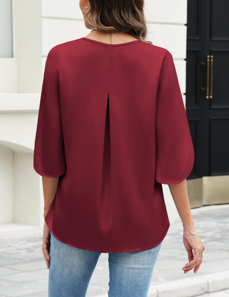 CiCiBird Women's V Neck Silk Blouse 3/4 Bell Satin Sleeve Shirts Business Work Pleated Tops Wine Red L - Image 2