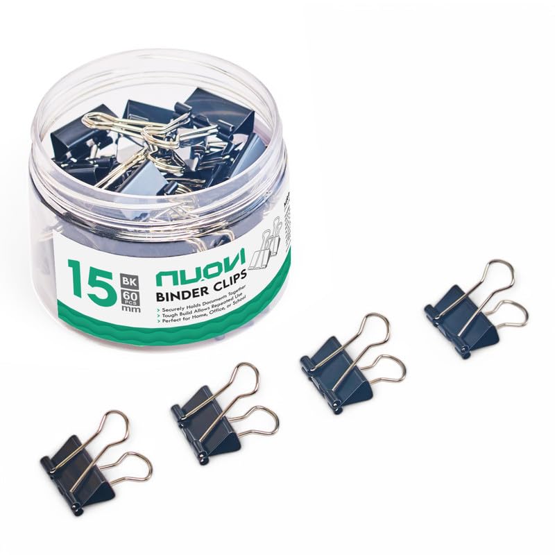 NUOVI 15mm Binder Clips-Black | Made of Tempered Steel, Durable & Rust-Resistant | Perfect for Holding Loose Papers | Ideal for School, Office & Home (Pack of 60) - Image 1
