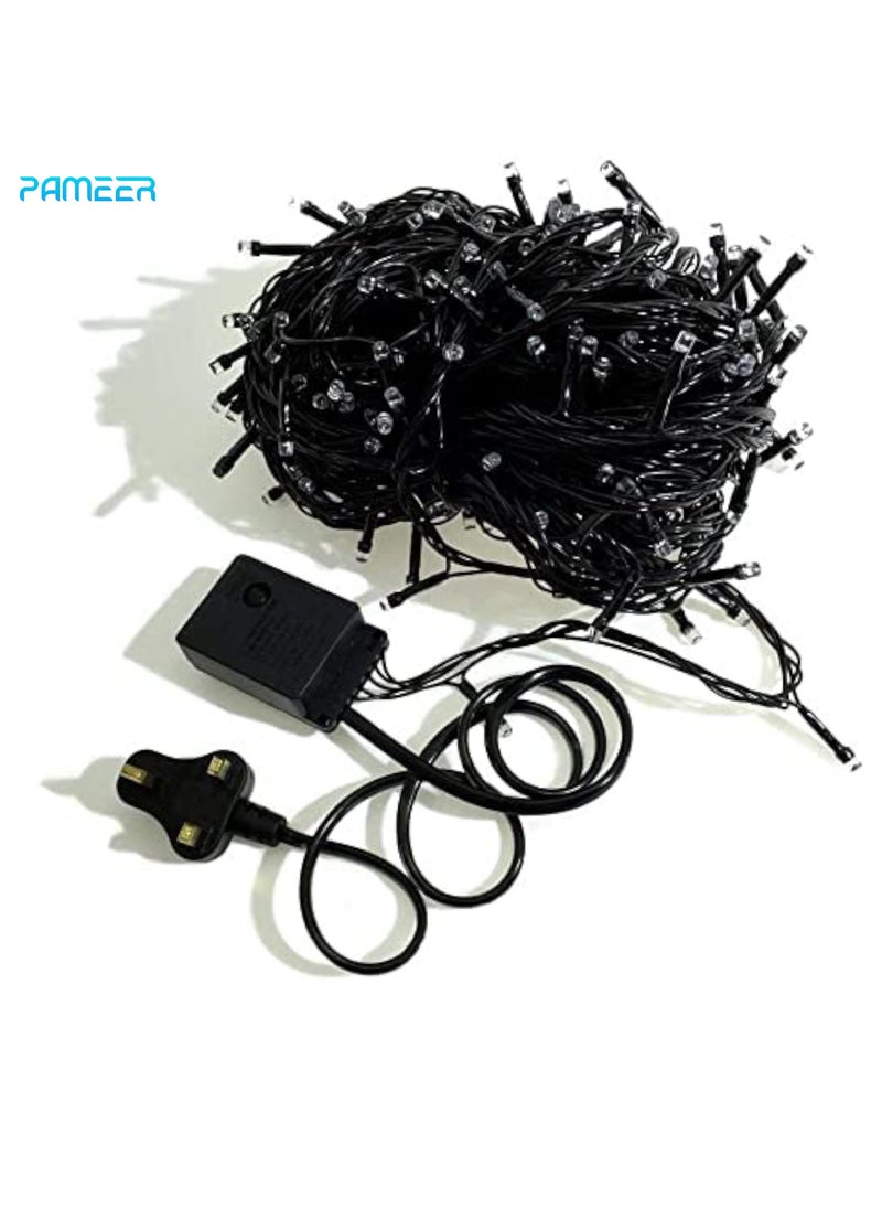 PAMEER - Cool White LED String Lights Black Wire Plug-in 15mtr 200 LEDs String Home Decorative LED Strip for Christmas EID Ramadan Diwali and Wedding Parties Decoration Box Button Control 8 Modes - Image 1