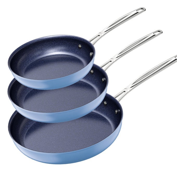 3PIECE FRY PAN SET 8 10 12 FORGED LIGHTWEIGHT G10 HEALTHY DURALON BLUE CERAMIC ULTRA NONSTICK INDUCTIONREADY WORKS ON ALL COOKTOPS ERGONOMIC STAYCOOL HANDLES