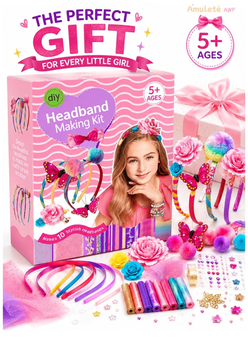 Amuleté AWF Birthday Gift for Girl, Gift for Girls Age 5+, DIY Headband Making Kit, Arts & Crafts Kit for Kids, Make 10 Stylish Hairbands, Creative Gift for Eid & Christmas - Image 1