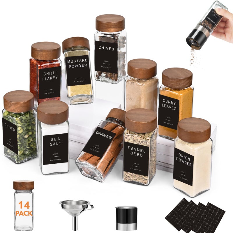 Yangbaga 14Pcs Glass Spice Jars with Labels-4oz Acacia Wood Lid Square Spice Containers with Pepper Grinder Lids &Funnel,Seasoning Jars for Rack Cabinet Drawer - Image 1