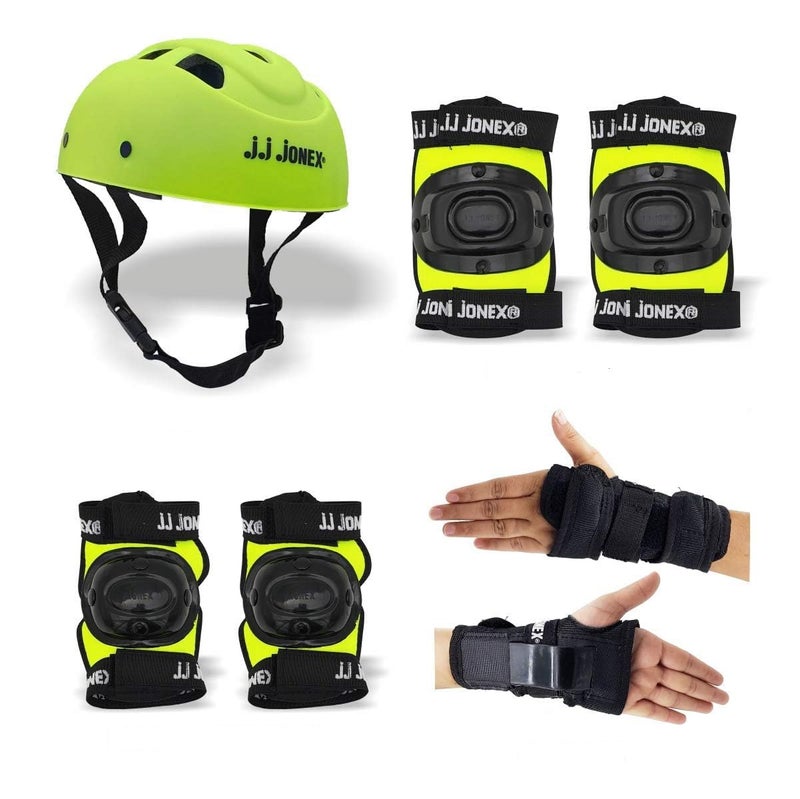 Jonex حماية التزلج JJ، مجموعة واقيات التزلج الوقائية | مجموعة حماية التزلج وركوب الدراجات | معدات متعددة الرياضات للأطفال من عمر 5-16 سنة، خوذة، واقيات كوع، واقيات ركب، وقفازات يد، أخضر، مقاس M - Image 1