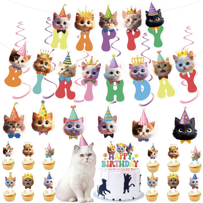 MANGO 20PCS Cat Birthday Party Decorations Kit Cute Cat Themed Party Supplies with Happy Birthday Banners Cupcake  Cake Toppers Hanging SpiralsPerfect for Cat Lover Kids  Adults - Image 1