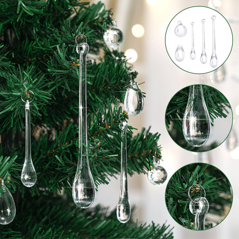 Vercraft 200 Pcs Christmas Tree Ornaments Clear Acrylic Hanging Teardrop Ornaments 5 Styles Christmas Crystal Chandelier Pendant Crystals for Centerpieces Chandelier Wedding Xmas Decor (Clear) - Image 3