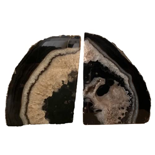 JIC Gem Agate Bookends Black Bookshelf Decor geode bookends 1 Pair 3to 4 Lbs from Brazilian with Rubber Bumpers for Office and Home Decoration