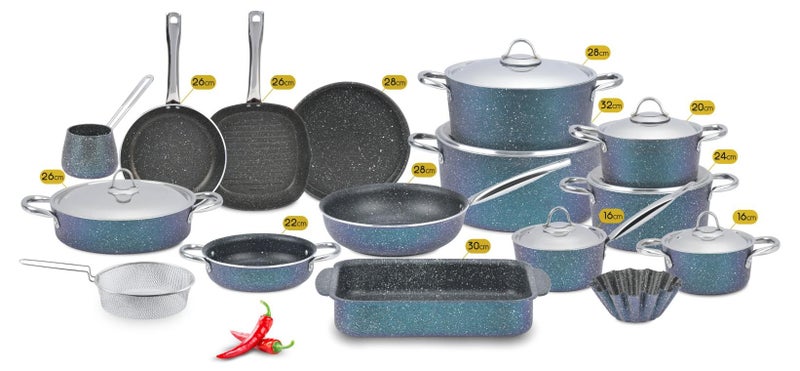 A Set Of 23 Piece Kitchenova Cookware, A Healthy Round Non-Stick Kitchen Made Of Granite  Blue With Kitchenova Flavor