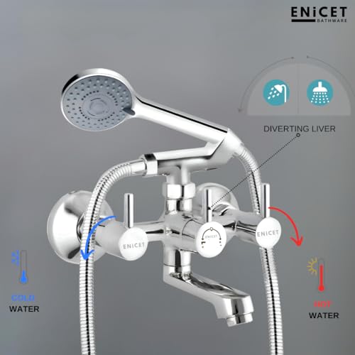ENICET Brass Wall Mixer With 5 Function Hand Shower, Telphonic Wall Mixer for Bathroom, 1.5 Meter Tube, Chrome Finish, Mixer Tap For Bathroom (FE123HS) - Image 4