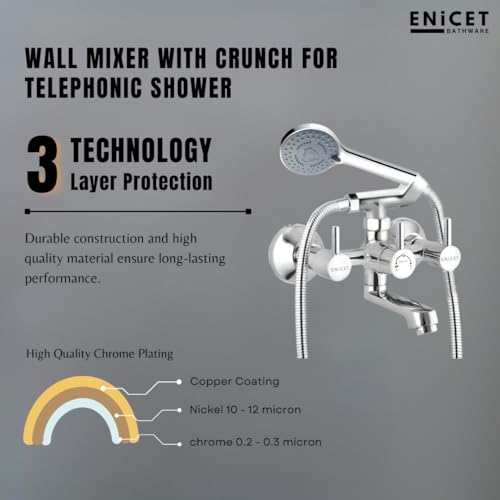 ENICET Brass Wall Mixer With 5 Function Hand Shower, Telphonic Wall Mixer for Bathroom, 1.5 Meter Tube, Chrome Finish, Mixer Tap For Bathroom (FE123HS) - Image 2