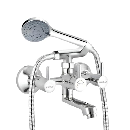 ENICET Brass Wall Mixer With 5 Function Hand Shower, Telphonic Wall Mixer for Bathroom, 1.5 Meter Tube, Chrome Finish, Mixer Tap For Bathroom (FE123HS) - Image 1